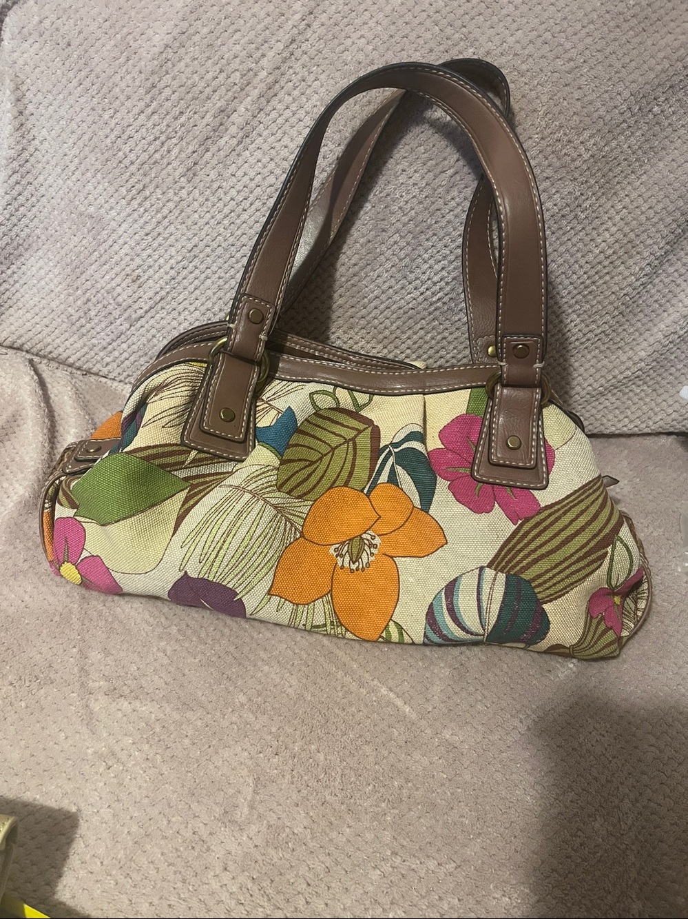 Floral Fossil Canvas Shoulder Bag with Brown Leather Handles - Picture 3 of 11